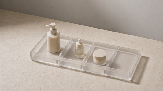Skincare arranged with clear spacing.