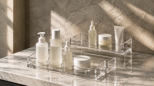 Skincare storage organizer separating daily and weekly skincare products.