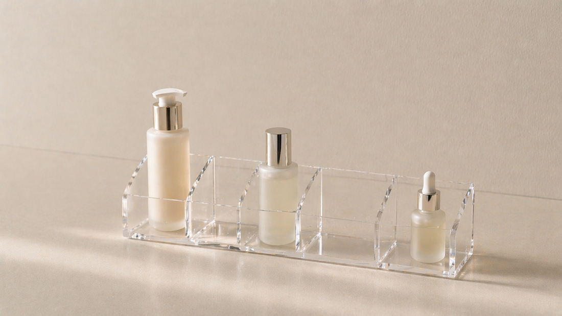Fixed-position skincare items arranged with clear spacing and an empty compartment to support predictable routine flow.