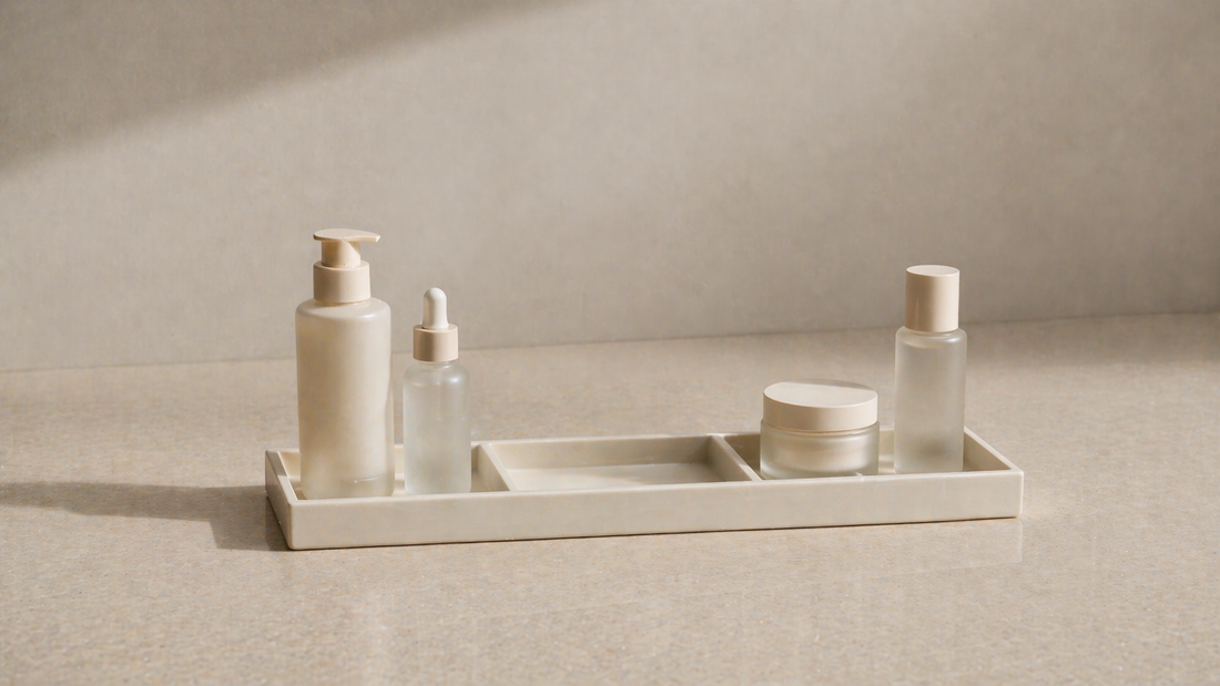 Skincare items grouped into zones with clear spacing for consistent routine use.