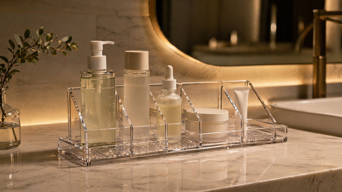 Skincare products arranged in a stable layout for evening use. 적정해?