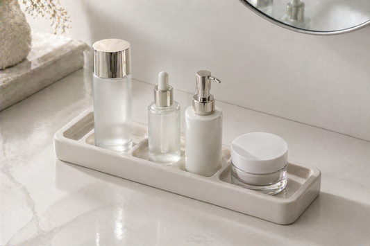 Skincare arranged for minimal hand movement.
