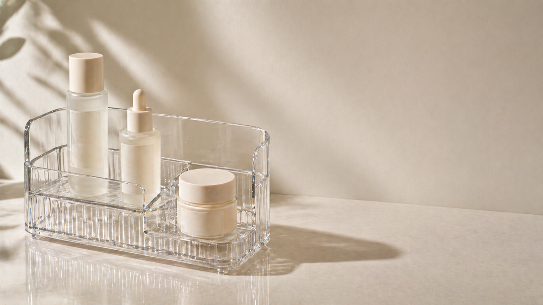 Skincare organizer with three products arranged by usage frequency for efficient rotation