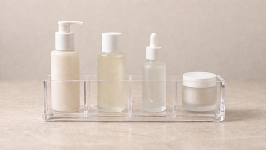 Clear acrylic skincare organizer showing 4 items arranged in left-to-right routine order, with separate compartments for clear and immediate sequence understanding.
