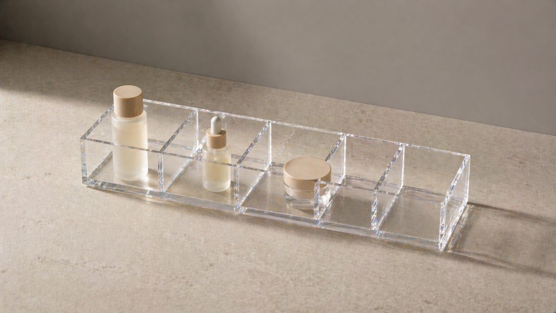 skincare items separated in an organizer with clear spacing and empty compartments to prevent overlap