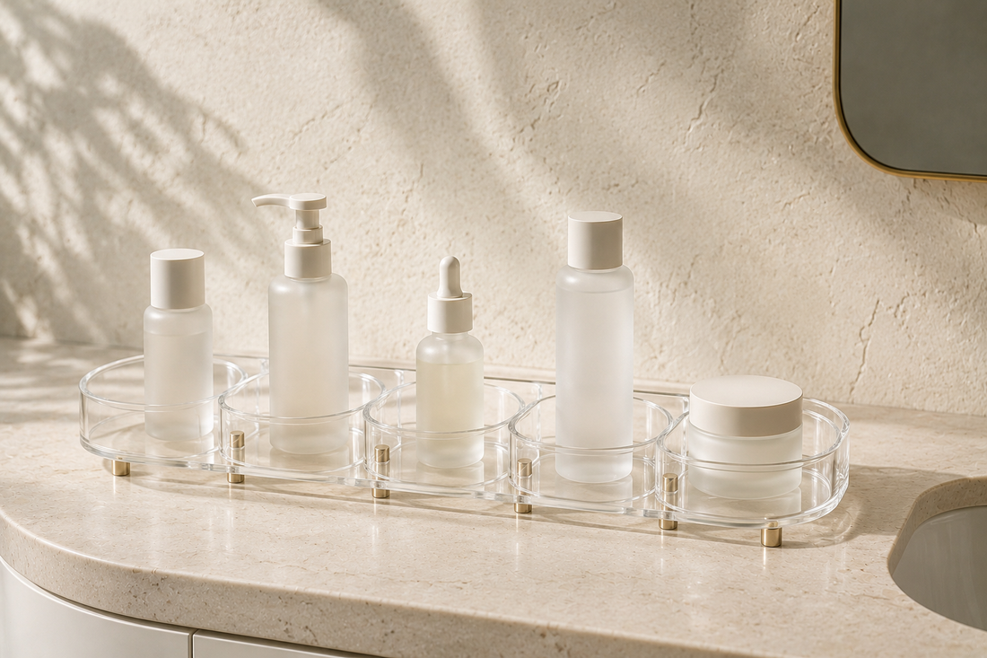 Skincare products spaced evenly to reduce shifting and crowding.
