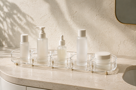 Skincare products spaced evenly to reduce shifting and crowding.