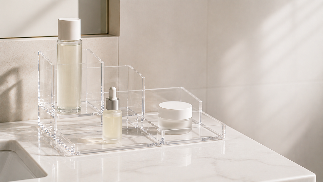 Clear skincare organizer with separated products reducing clutter on a bathroom counter