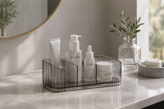 Minimal skincare storage setup arranged for consistent daily routines.