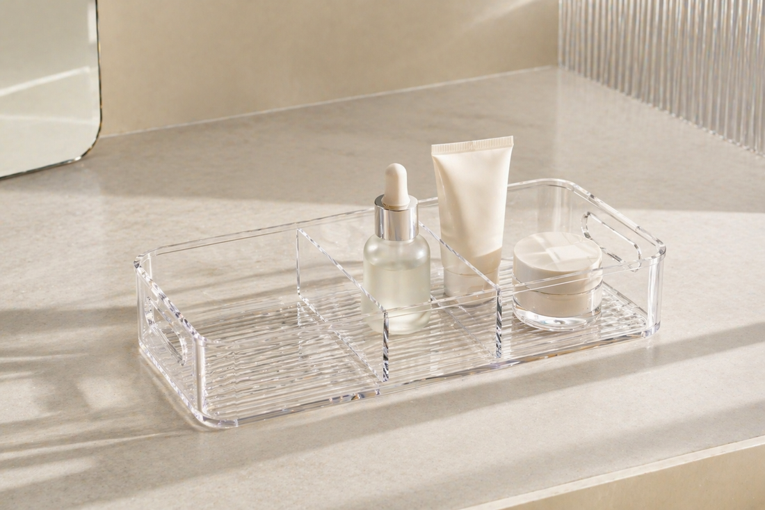Minimal skincare organizer with separated items and clear spacing creating a stable routine setup.