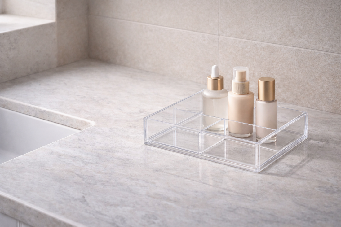 Skincare organizer placed away from sink area showing controlled temperature placement and stable positioning