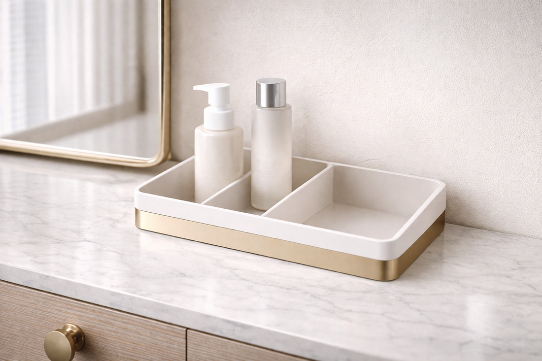Two skincare bottles placed in separate sections of a structured tray for clear daily routine separation