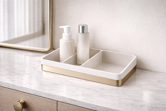 Two skincare bottles placed in separate sections of a structured tray for clear daily routine separation