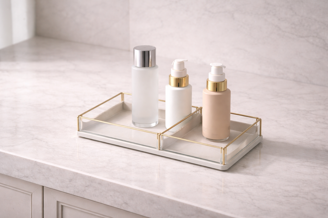 Skincare items separated into two usage zones within a single tray through spacing and layout