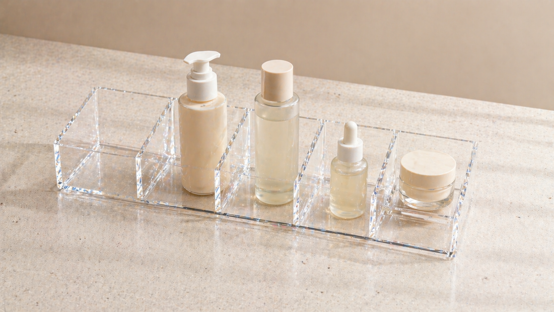 Type-clustered skincare organizer with items separated by category and one empty space, improving selection speed and routine efficiency.