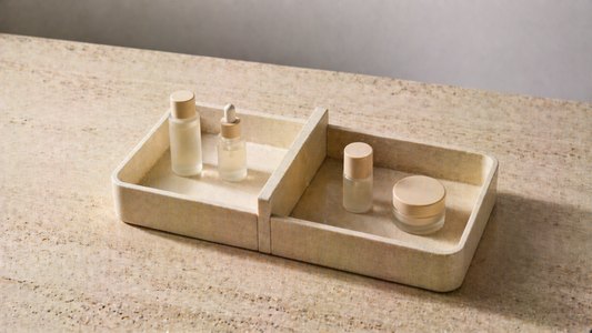 Skincare items separated into morning and night zones using a divided organizer.