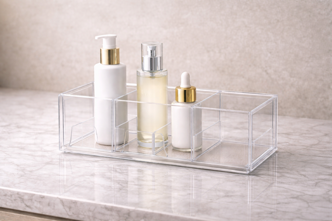 Skincare organizer arranged in a structured layout with clear zones for daily use.