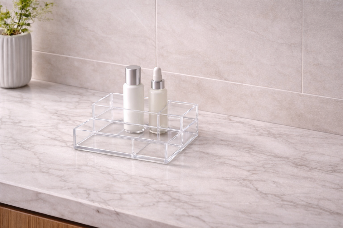 Tall top acrylic drawer fitting a single skincare bottle vertically with ample breathing space for routine consistency.