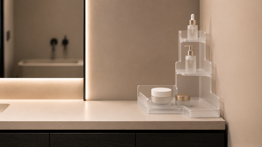 Compact bathroom vanity organizer reducing countertop clutter in a small bathroom.