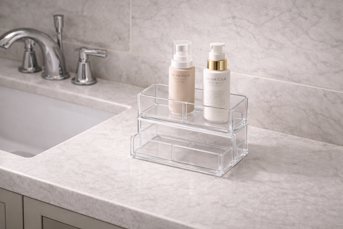 Bathroom vanity with compact organizer showing controlled use on a small counter surface