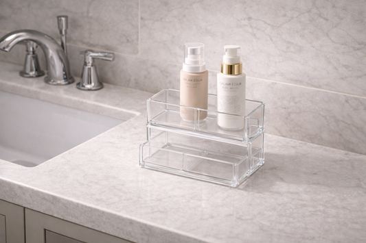 Bathroom vanity with compact organizer showing controlled use on a small counter surface