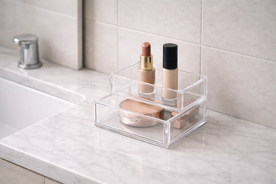 Small makeup items arranged in a compact organizer on a narrow vanity top.