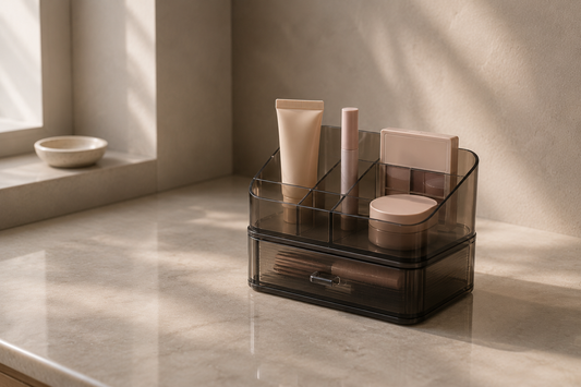 Small smoked makeup organizer with separated daily essentials and balanced compact spacing.