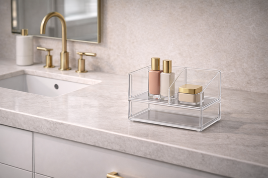 Small vanity with a compact organizer arranged for limited bathroom counter space.