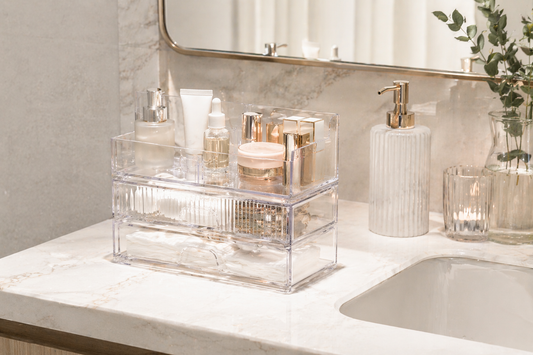 Compact organizer setup preventing clutter overflow on a small vanity.