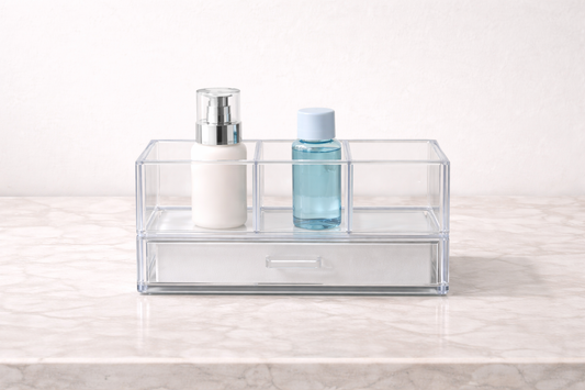 Acrylic organizer with 2–3 items placed to maximize usable surface space and efficiency.