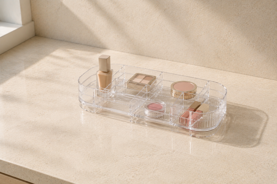 Makeup organizer with stable spacing to reduce spills and tipping.
