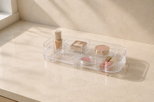 Makeup organizer with stable spacing to reduce spills and tipping.