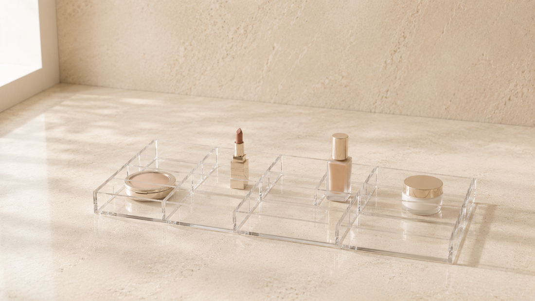 Makeup organizer with stable daily placement and structured spacing.
