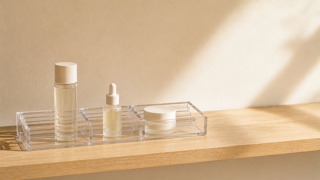 Clear skincare organizer with evenly spaced products supporting stable daily skincare routines