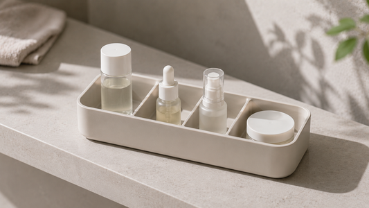 Minimal skincare organizer with stable product placement and calm structured spacing.