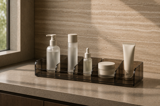 Skincare organizer with stable daily placement and open spacing.