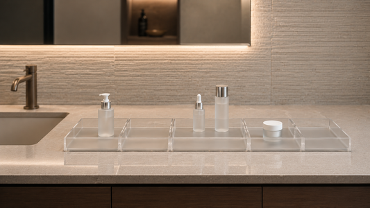 Bathroom vanity organizer with fixed skincare sections and stable spacing.