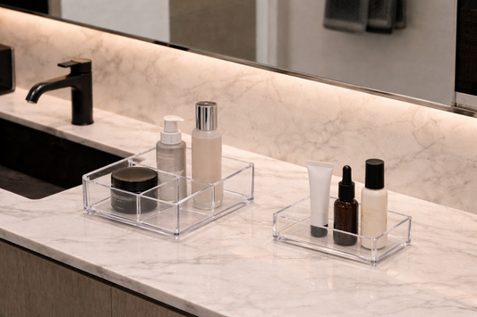A minimal, structured vanity setup creating a calm morning environment.