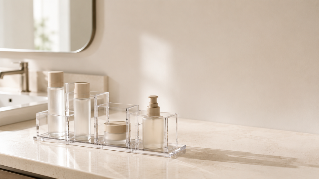 Structured bathroom vanity organizer with stable placement and separated spacing for daily consistency