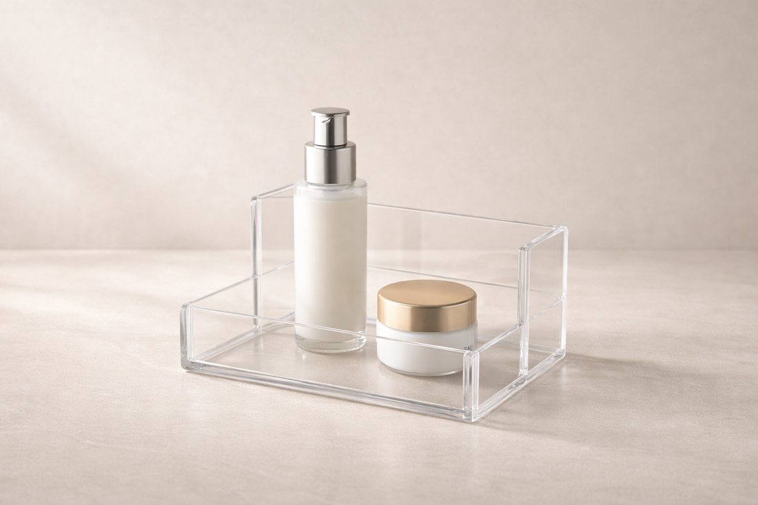 Clear acrylic skincare organizer holding 2 bottles vertically with balanced spacing and clear height-based structure.