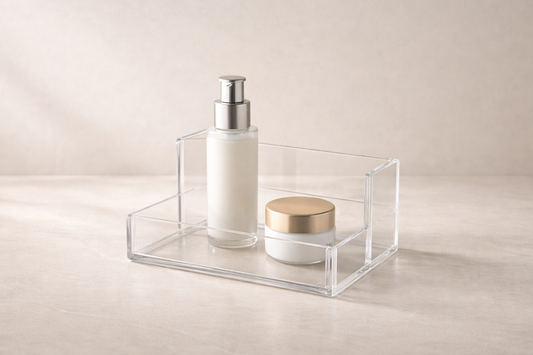 Clear acrylic skincare organizer holding 2 bottles vertically with balanced spacing and clear height-based structure.