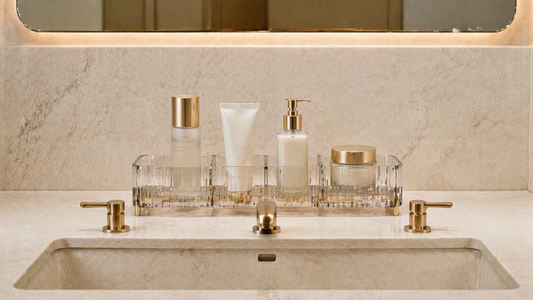Symmetrical vanity layout with evenly spaced items and structured organizer placement.