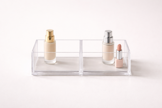 Clear acrylic organizer split into two equal zones with minimal items placed separately, showing symmetrical zoning and interference-free dual routine access