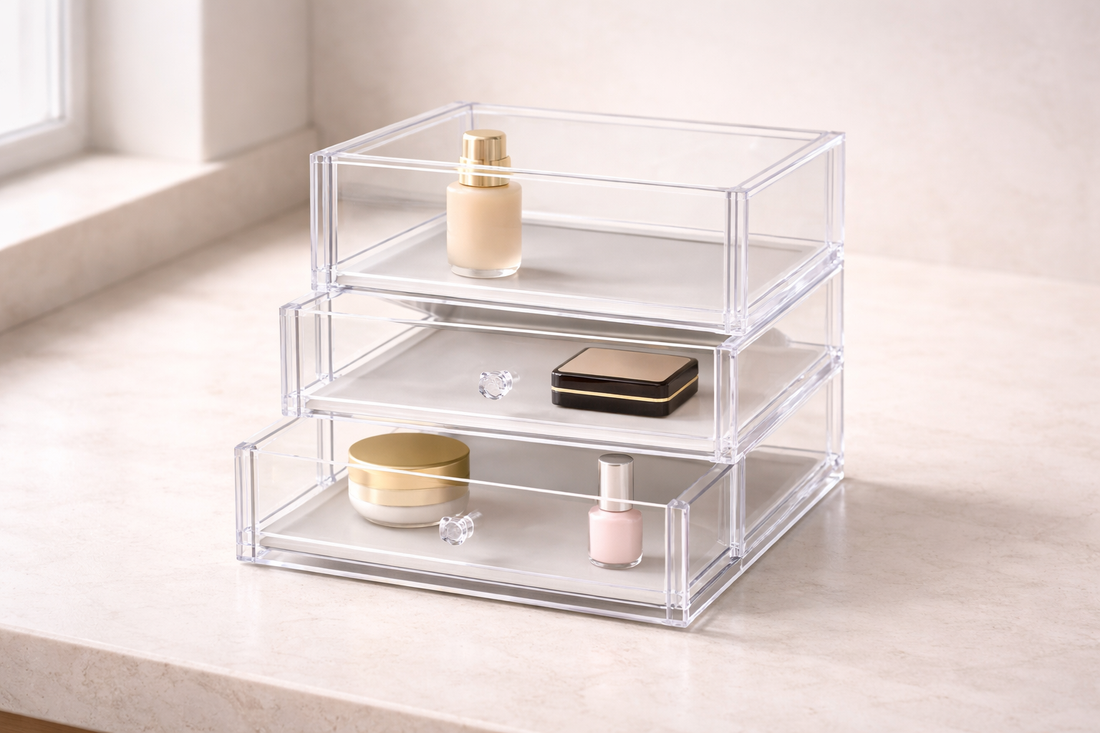 alt text: Clean acrylic drawers slightly open with minimal items, highlighting tactile recognition flow and quick identification through smooth access and clear spacing.