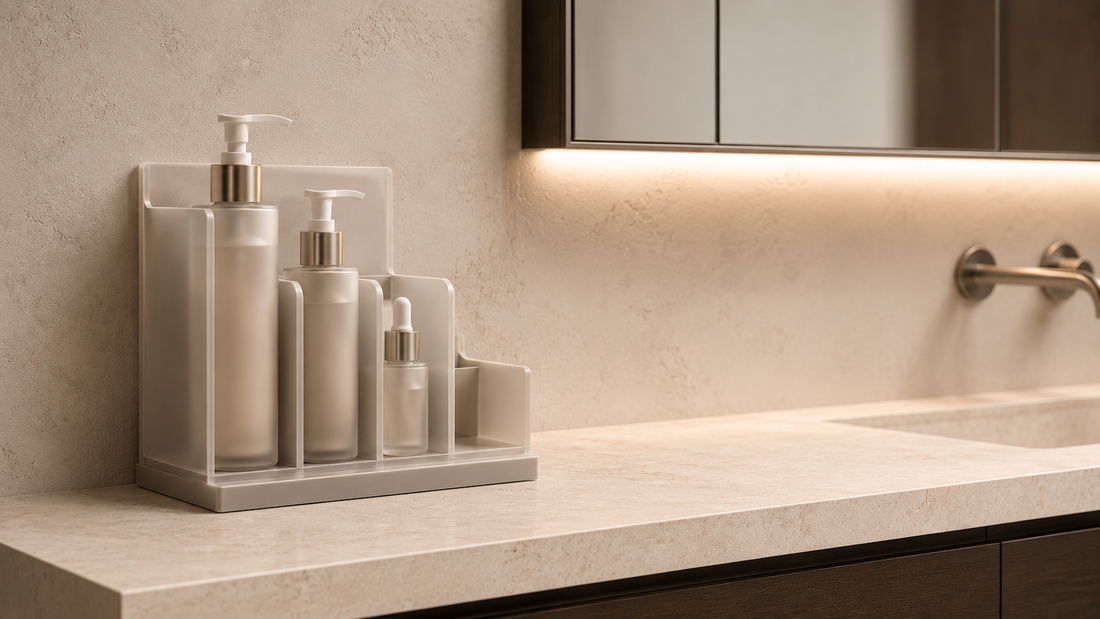 Bathroom vanity organizer with deep vertical slots for tall pump bottle stability.