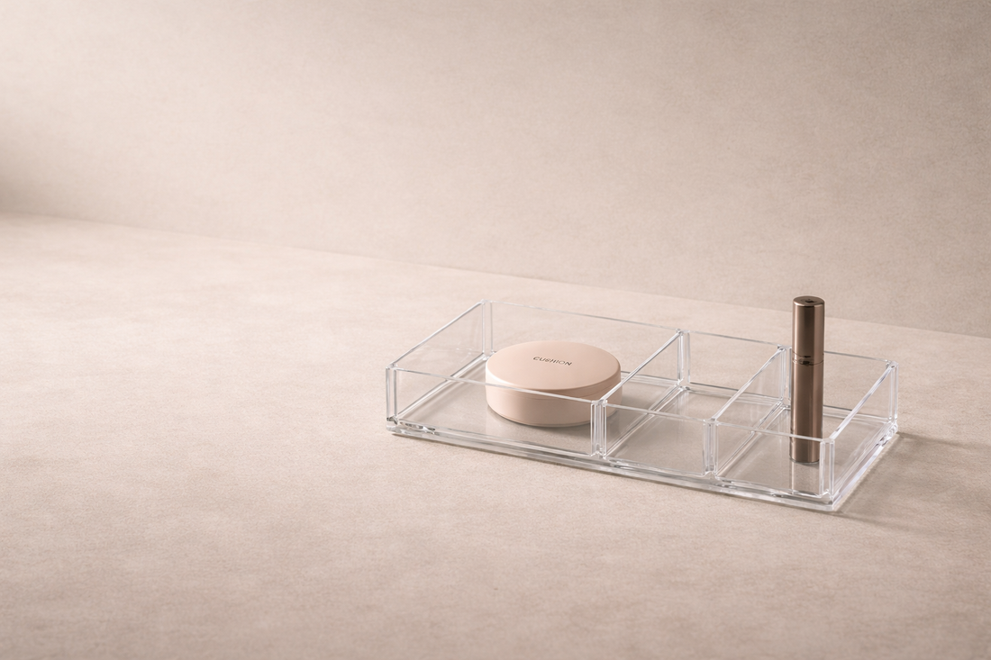 Time-saving makeup organizer layout using a divided clear case to streamline beauty routines
