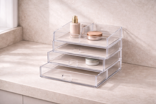 Time-saving makeup setup for faster daily routines featuring a clear acrylic organizer with multiple drawers and beauty products on a countertop