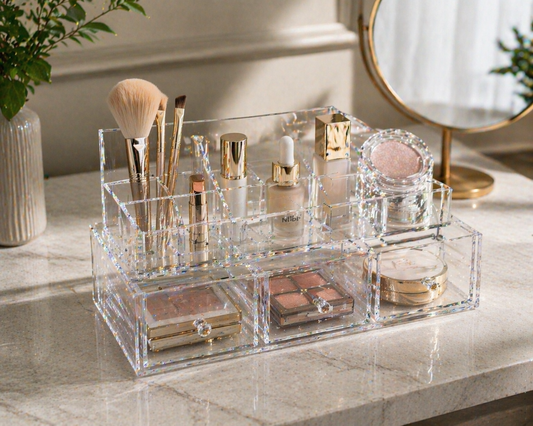 Multi-compartment acrylic organizer with minimal items arranged for small makeup collections.