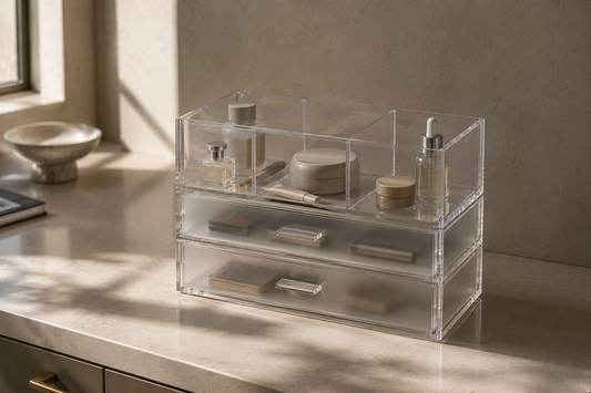 Transparent drawer organizer with stable beauty product placement and separated sections.