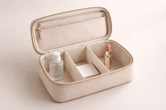 Travel cosmetic bag with clear dividers and 3–4 items separated with spacing for quick access and retrieva